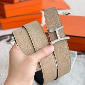 Hermes Script Belt Buckle & Reversible Leather Strap 38 mm Epsom Calfskin Permabrass Buckle Yellow Gold Noir Gris Trench - Image 5