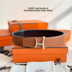 Hermes Script Belt Buckle & Reversible Leather Strap 38 mm Box 135 and Togo Calfskin Permabrass Buckle Yellow Gold Noir Gold - Image 5