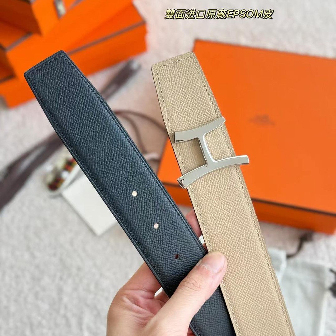 Hermes Script Belt Buckle & Reversible Leather Strap 38 mm Epsom Calfskin Permabrass Buckle Yellow Gold Noir Gris Trench - Image 3