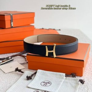 Alternative view of Hermes Script Belt Buckle & Reversible Leather Strap 38 mm Epsom Calfskin Permabrass Buckle Yellow Gold Noir Gris Trench