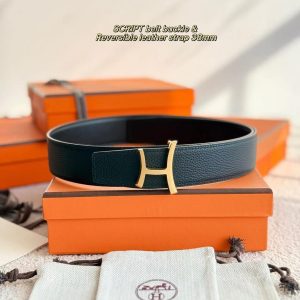 Hermes Script Belt Buckle & Reversible Leather Strap 38 mm Box 135 and Togo Calfskin Permabrass Buckle Yellow Gold Noir Noir
