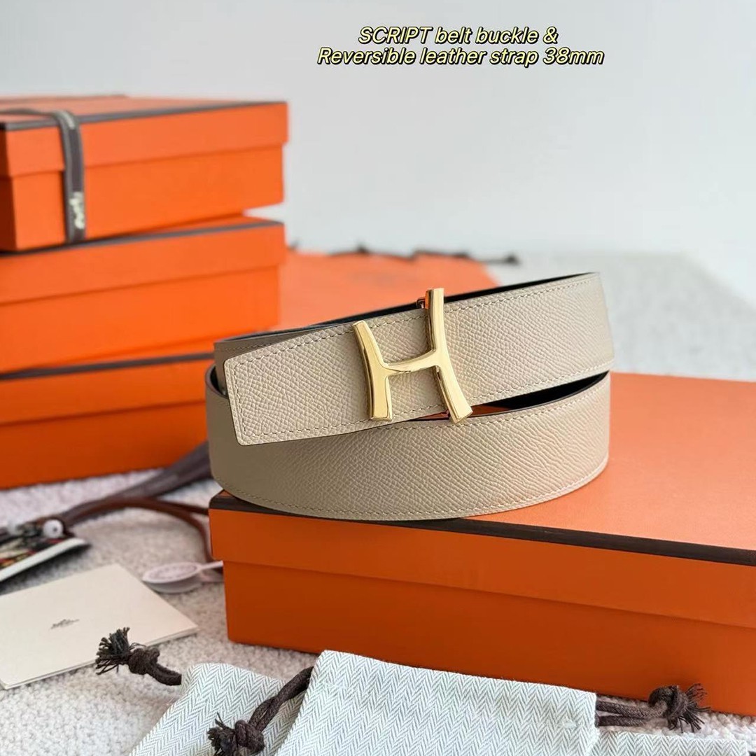 Hermes Script Belt Buckle & Reversible Leather Strap 38 mm Epsom Calfskin Permabrass Buckle Yellow Gold Noir Gris Trench