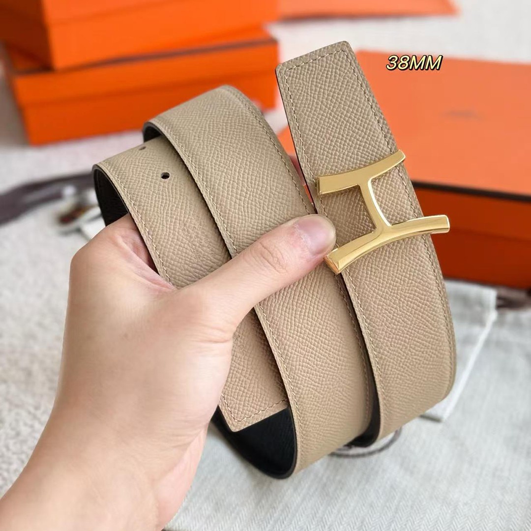 Hermes Script Belt Buckle & Reversible Leather Strap 38 mm Epsom Calfskin Permabrass Buckle Yellow Gold Noir Gris Trench - Image 8