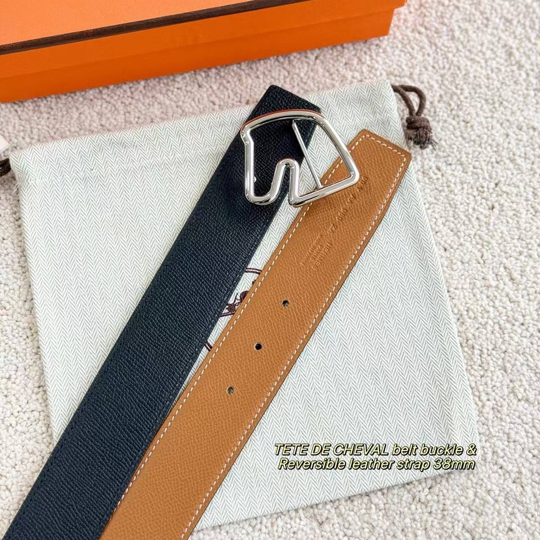 Hermes Tete de Cheval Belt Buckle & Reversible Leather Strap 38 mm Epsom Calfskin Palladium Buckle Silver Gold Noir - Image 6