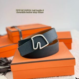 Hermes Tete de Cheval Belt Buckle & Reversible Leather Strap 38 mm Epsom Calfskin Palladium Buckle Silver Gold Noir - Image 4