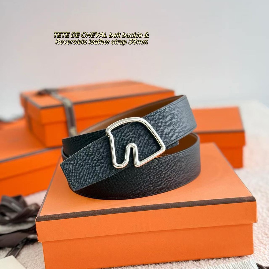 Hermes Tete de Cheval Belt Buckle & Reversible Leather Strap 38 mm Epsom Calfskin Palladium Buckle Silver Gold Noir - Image 4