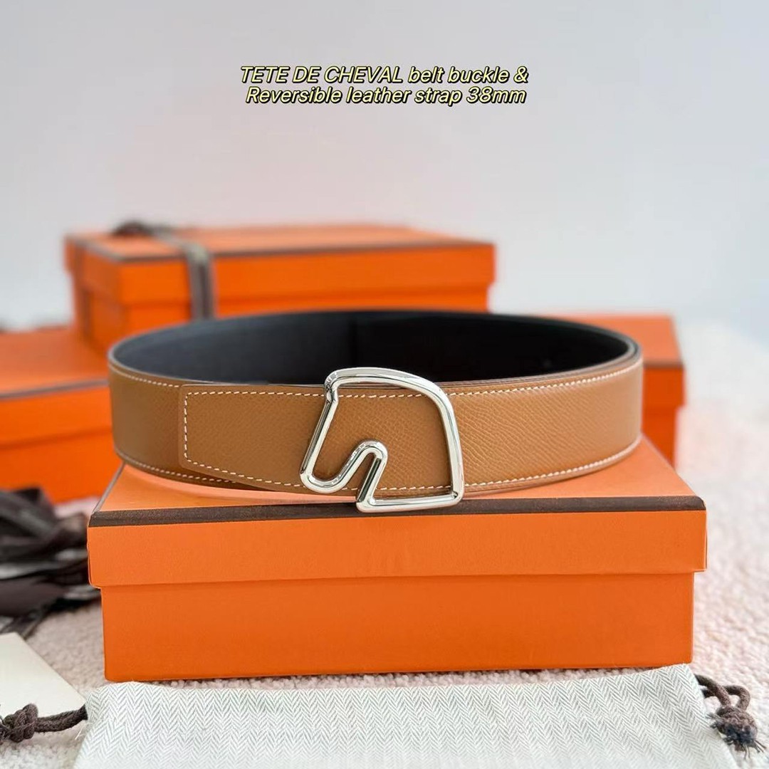 Hermes Tete de Cheval Belt Buckle & Reversible Leather Strap 38 mm Epsom Calfskin Palladium Buckle Silver Gold Noir - Image 5