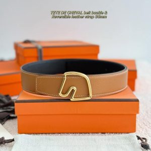 Hermes Tete de Cheval Belt Buckle & Reversible Leather Strap 38 mm Epsom Calfskin Palladium Buckle Silver Gold Noir