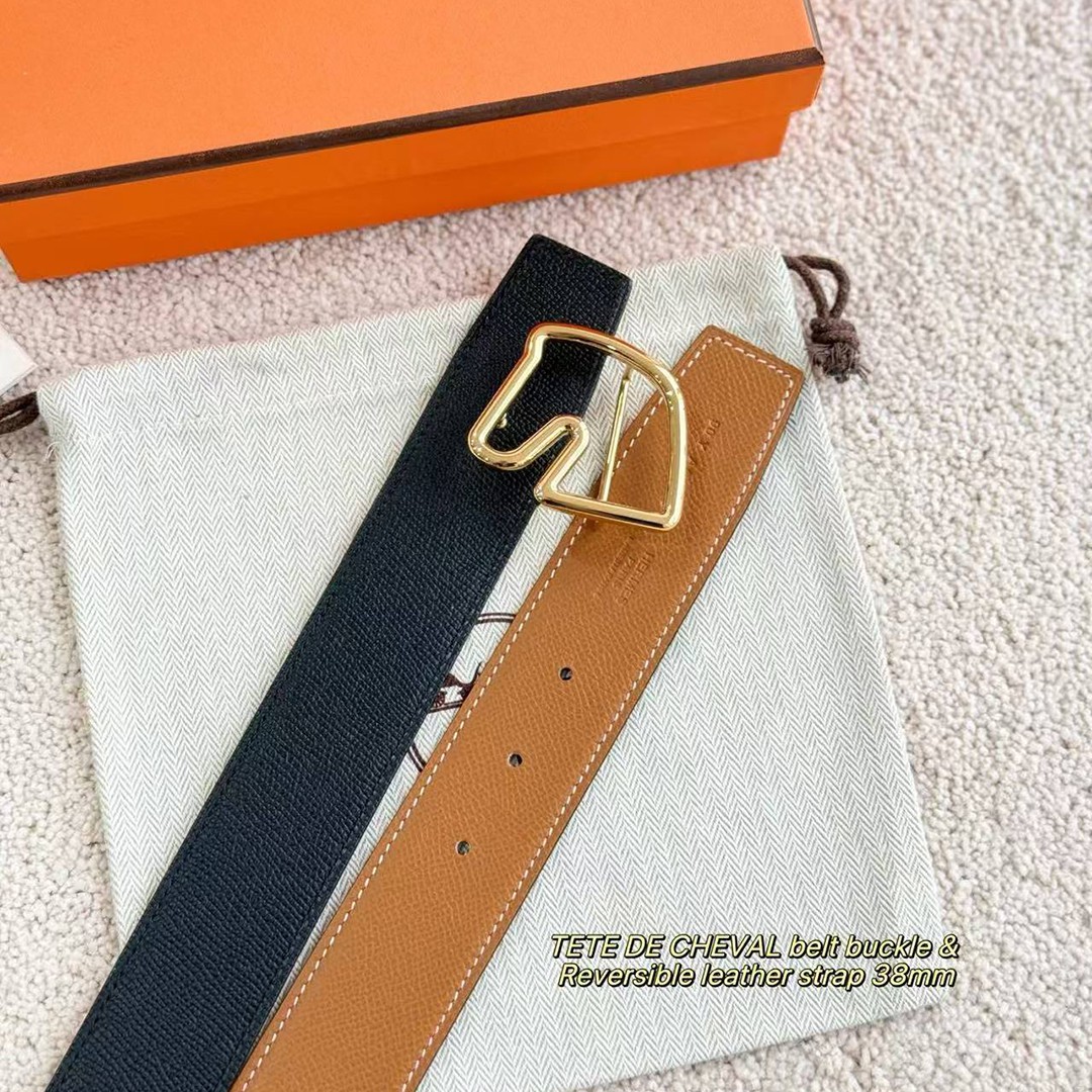 Hermes Tete de Cheval Belt Buckle & Reversible Leather Strap 38 mm Epsom Calfskin Palladium Buckle Silver Gold Noir - Image 7