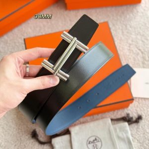 Hermes Traverse Belt Buckle & Reversible Leather Strap 38 mm Box 135 and Togo Calfskin Palladium Buckle Silver Noir Bleu De Prusse - Image 3