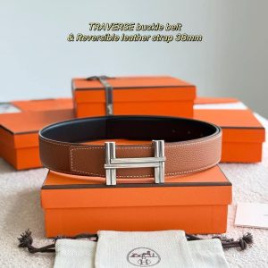 Hermes Traverse Belt Buckle & Reversible Leather Strap 38 mm Box 135 and Togo Calfskin Palladium Buckle Silver Noir Gold