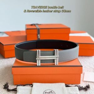 Hermes Traverse Belt Buckle & Reversible Leather Strap 38 mm Box 135 and Togo Calfskin Palladium Buckle Silver Noir Gris Mouette