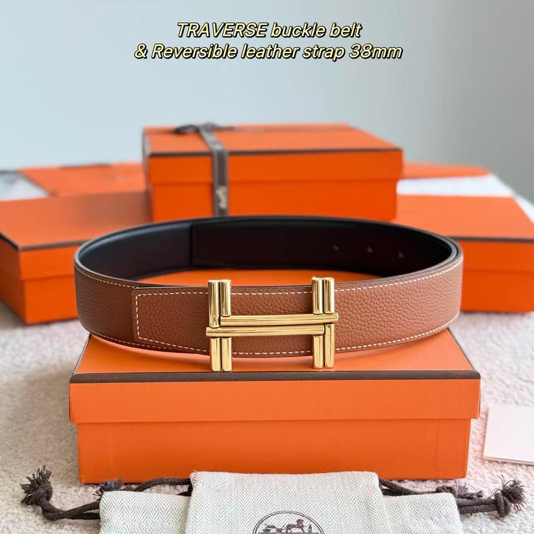 Hermes Traverse Belt Buckle & Reversible Leather Strap 38 mm Box 135 and Togo Calfskin Permabrass Buckle Yellow Gold Noir Gold