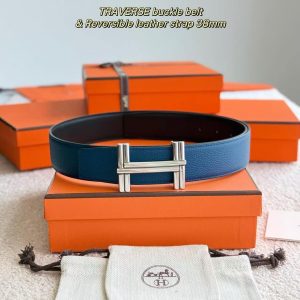 Hermes Traverse Belt Buckle & Reversible Leather Strap 38 mm Box 135 and Togo Calfskin Palladium Buckle Silver Noir Bleu De Prusse