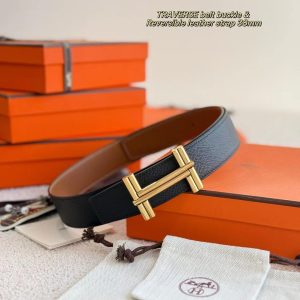 Alternative view of Hermes Traverse Belt Buckle & Reversible Leather Strap 38 mm Epsom Calfskin Permabrass Buckle Yellow Gold Noir Gold