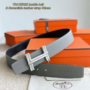 Alternative view of Hermes Traverse Belt Buckle & Reversible Leather Strap 38 mm Box 135 and Togo Calfskin Palladium Buckle Silver Noir Gris Mouette