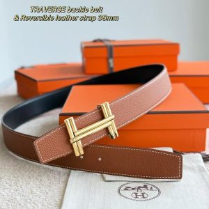 Alternative view of Hermes Traverse Belt Buckle & Reversible Leather Strap 38 mm Box 135 and Togo Calfskin Permabrass Buckle Yellow Gold Noir Gold