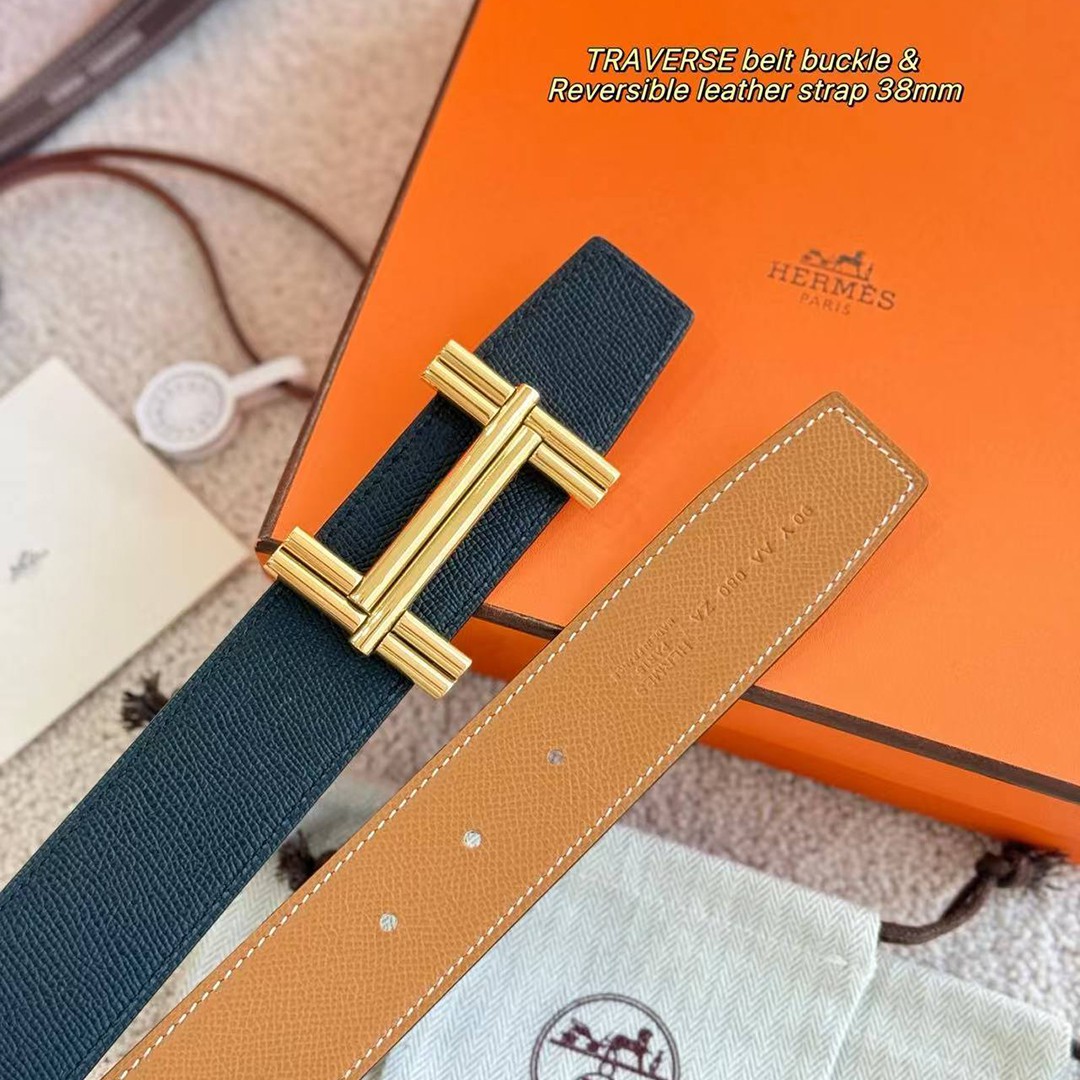 Hermes Traverse Belt Buckle & Reversible Leather Strap 38 mm Epsom Calfskin Permabrass Buckle Yellow Gold Noir Gold - Image 10