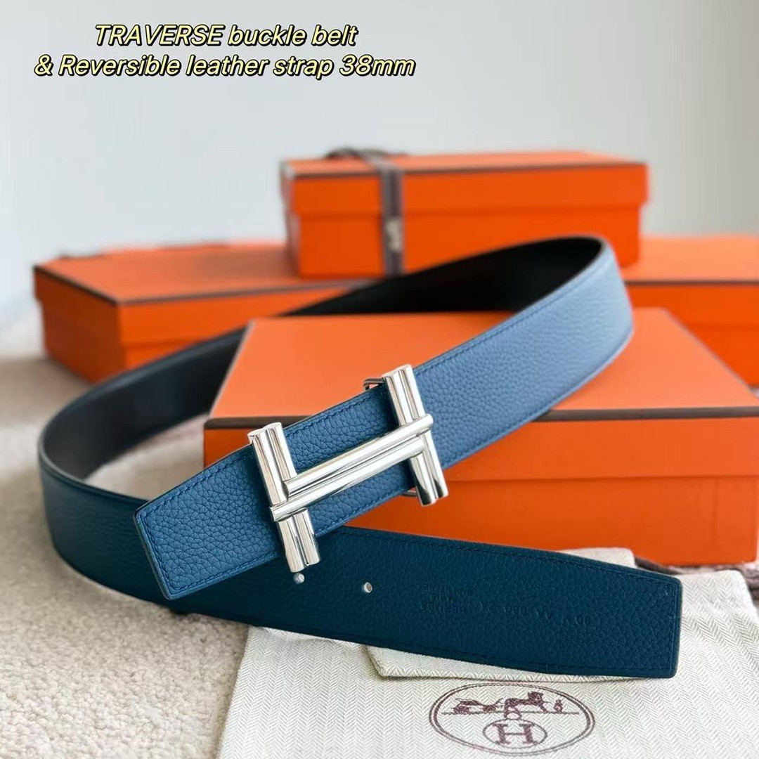 Hermes Traverse Belt Buckle & Reversible Leather Strap 38 mm Box 135 and Togo Calfskin Palladium Buckle Silver Noir Bleu De Prusse - Image 2
