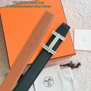 Hermes Traverse Belt Buckle & Reversible Leather Strap 38 mm Box 135 and Togo Calfskin Palladium Buckle Silver Noir Gold - Image 6