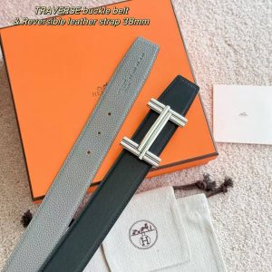 Hermes Traverse Belt Buckle & Reversible Leather Strap 38 mm Box 135 and Togo Calfskin Palladium Buckle Silver Noir Gris Mouette - Image 5