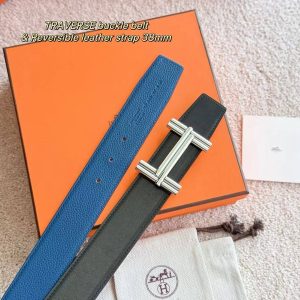 Hermes Traverse Belt Buckle & Reversible Leather Strap 38 mm Box 135 and Togo Calfskin Palladium Buckle Silver Noir Bleu De Prusse - Image 5
