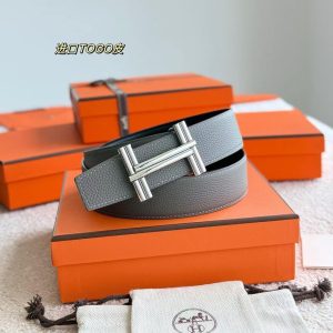 Hermes Traverse Belt Buckle & Reversible Leather Strap 38 mm Box 135 and Togo Calfskin Palladium Buckle Silver Noir Gris Mouette - Image 4