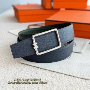 Hermes Tube H Belt Buckle & Reversible Leather Strap 38 mm Box 135 and Togo Calfskin Palladium Buckle Silver Bleu Marine Vert Amande - Image 6