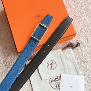 Hermes Tube H Belt Buckle & Reversible Leather Strap 38 mm Box 135 and Togo Calfskin Brushed Permabrass Buckle Yellow Gold Noir Bleu Tempête - Image 11