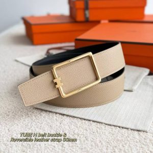 Hermes Tube H Belt Buckle & Reversible Leather Strap 38 mm Box 135 and Togo Calfskin Brushed Permabrass Buckle Yellow Gold Noir Craie - Image 6