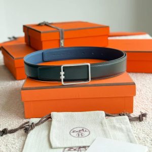 Hermes Tube H Belt Buckle & Reversible Leather Strap 38 mm Box 135 and Togo Calfskin Brushed Permabrass Buckle Yellow Gold Noir Bleu Tempête - Image 10