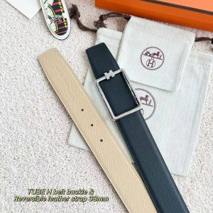 Hermes Tube H Belt Buckle & Reversible Leather Strap 38 mm Box 135 and Togo Calfskin Brushed Permabrass Buckle Yellow Gold Noir Craie - Image 7