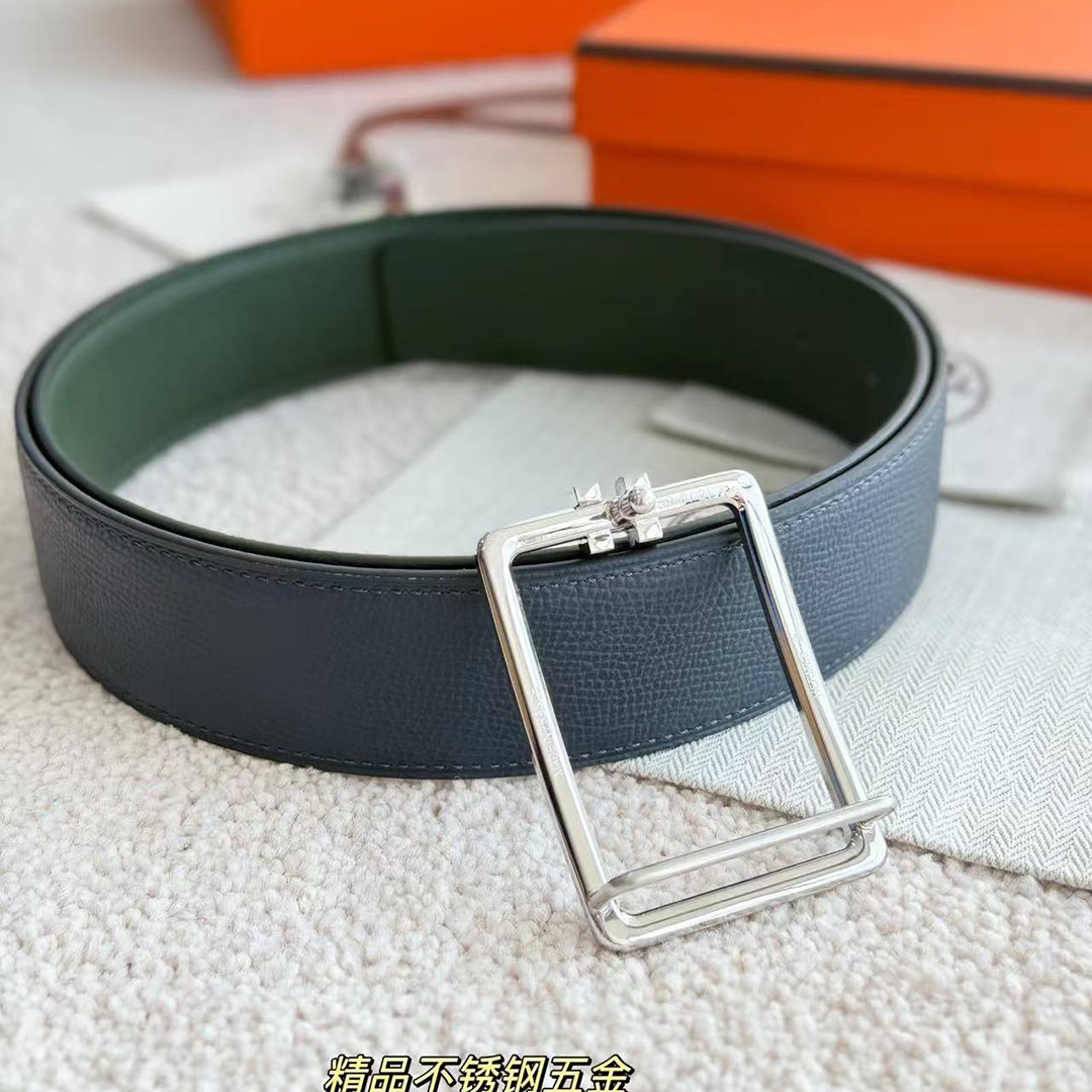 Hermes Tube H Belt Buckle & Reversible Leather Strap 38 mm Box 135 and Togo Calfskin Palladium Buckle Silver Bleu Marine Vert Amande - Image 5
