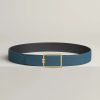 Hermes Tube H Belt Buckle & Reversible Leather Strap 38 mm Box 135 and Togo Calfskin Brushed Permabrass Buckle Yellow Gold Noir Bleu Tempête