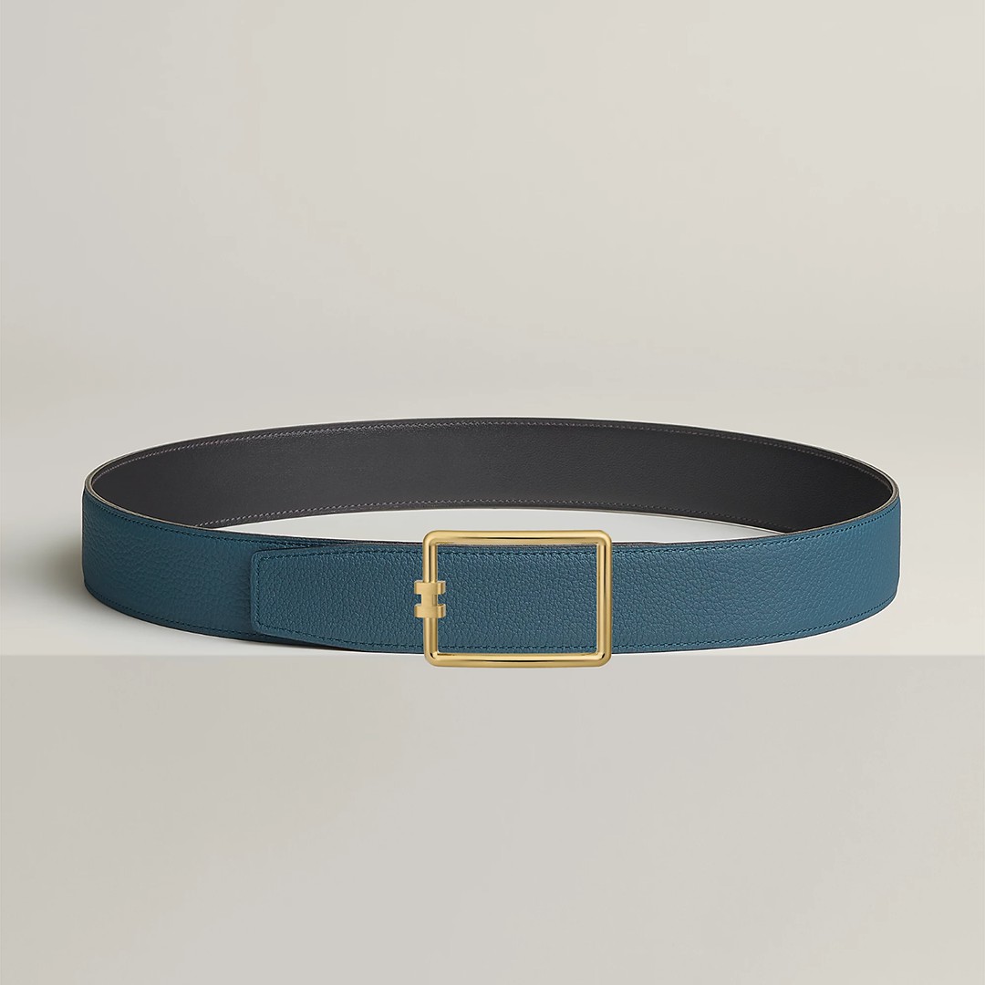 Hermes Tube H Belt Buckle & Reversible Leather Strap 38 mm Box 135 and Togo Calfskin Brushed Permabrass Buckle Yellow Gold Noir Bleu Tempête