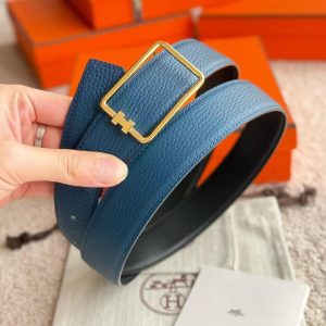 Hermes Tube H Belt Buckle & Reversible Leather Strap 38 mm Box 135 and Togo Calfskin Brushed Permabrass Buckle Yellow Gold Noir Bleu Tempête - Image 12