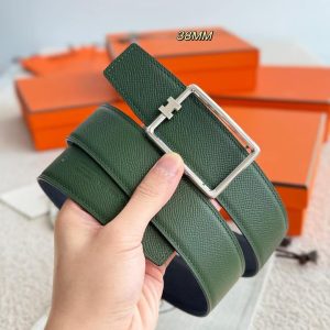 Hermes Tube H Belt Buckle & Reversible Leather Strap 38 mm Box 135 and Togo Calfskin Palladium Buckle Silver Bleu Marine Vert Amande - Image 4
