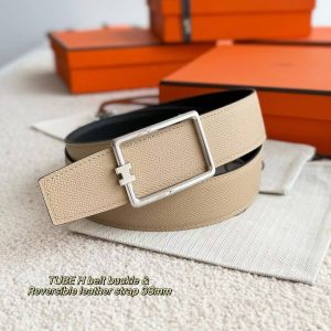 Alternative view of Hermes Tube H Belt Buckle & Reversible Leather Strap 38 mm Box 135 and Togo Calfskin Brushed Permabrass Buckle Yellow Gold Noir Craie