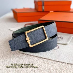 Alternative view of Hermes Tube H Belt Buckle & Reversible Leather Strap 38 mm Box 135 and Togo Calfskin Palladium Buckle Silver Bleu Marine Vert Amande