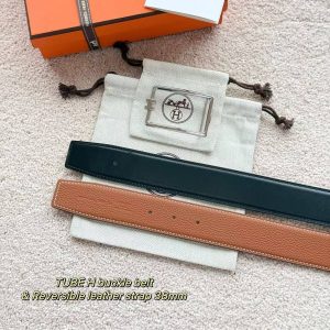 Alternative view of Hermes Tube H Belt Buckle & Reversible Leather Strap 38 mm Box 135 and Togo Calfskin Palladium Buckle Silver Noir Gold