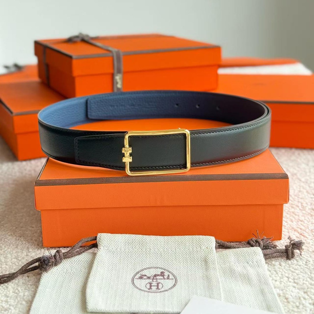 Hermes Tube H Belt Buckle & Reversible Leather Strap 38 mm Box 135 and Togo Calfskin Brushed Permabrass Buckle Yellow Gold Noir Bleu Tempête - Image 2
