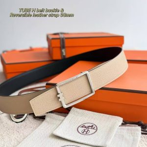 Hermes Tube H Belt Buckle & Reversible Leather Strap 38 mm Box 135 and Togo Calfskin Brushed Permabrass Buckle Yellow Gold Noir Craie - Image 10