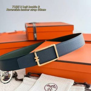 Hermes Tube H Belt Buckle & Reversible Leather Strap 38 mm Box 135 and Togo Calfskin Palladium Buckle Silver Bleu Marine Vert Amande - Image 10