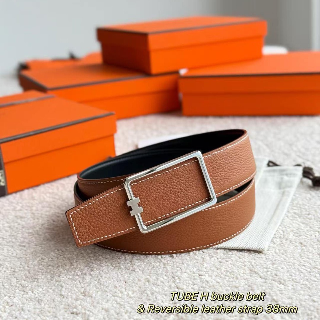 Hermes Tube H Belt Buckle & Reversible Leather Strap 38 mm Box 135 and Togo Calfskin Palladium Buckle Silver Noir Gold