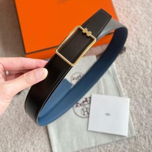 Hermes Tube H Belt Buckle & Reversible Leather Strap 38 mm Box 135 and Togo Calfskin Brushed Permabrass Buckle Yellow Gold Noir Bleu Tempête - Image 15