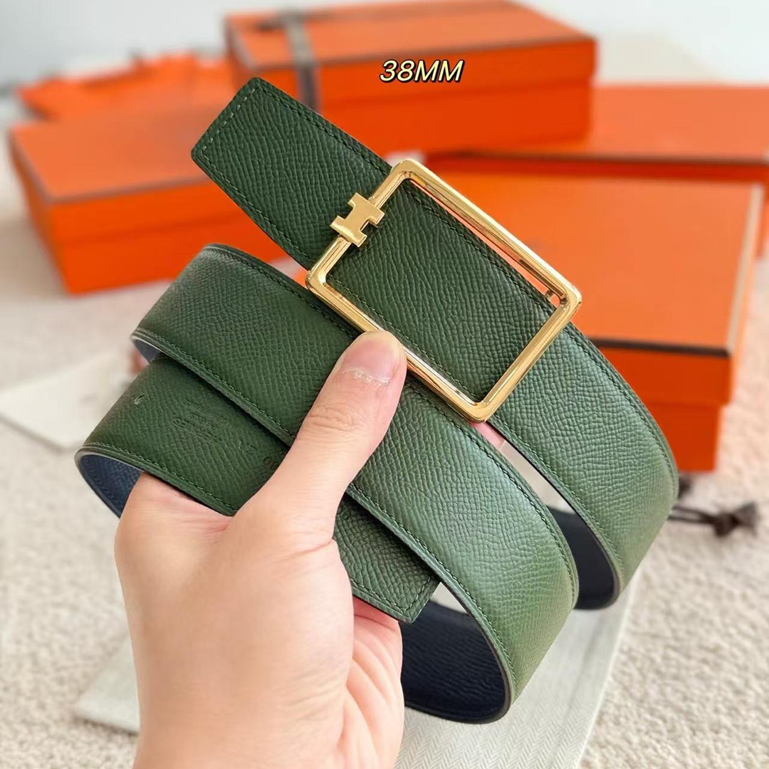 Hermes Tube H Belt Buckle & Reversible Leather Strap 38 mm Box 135 and Togo Calfskin Palladium Buckle Silver Bleu Marine Vert Amande - Image 8