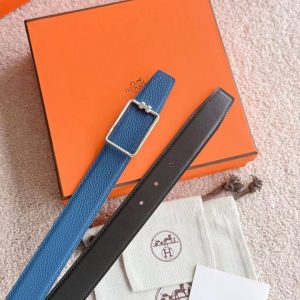 Hermes Tube H Belt Buckle & Reversible Leather Strap 38 mm Box 135 and Togo Calfskin Brushed Permabrass Buckle Yellow Gold Noir Bleu Tempête - Image 5