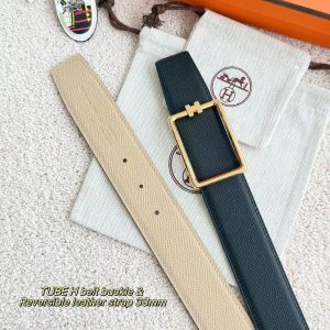 Hermes Tube H Belt Buckle & Reversible Leather Strap 38 mm Box 135 and Togo Calfskin Brushed Permabrass Buckle Yellow Gold Noir Craie - Image 3