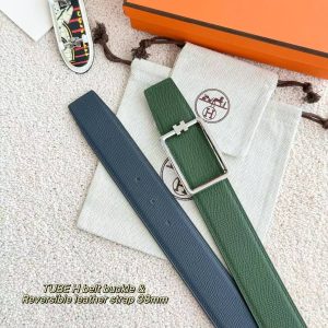 Hermes Tube H Belt Buckle & Reversible Leather Strap 38 mm Box 135 and Togo Calfskin Palladium Buckle Silver Bleu Marine Vert Amande - Image 3