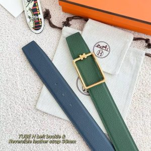 Hermes Tube H Belt Buckle & Reversible Leather Strap 38 mm Box 135 and Togo Calfskin Palladium Buckle Silver Bleu Marine Vert Amande - Image 7